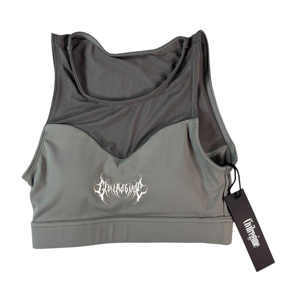 Civil Regime Womens Mesh Panel Sports Bra Grey Green Metal Logo NWT
